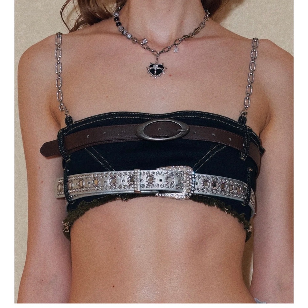 Chained Embellished Denim Bra Top With Belts